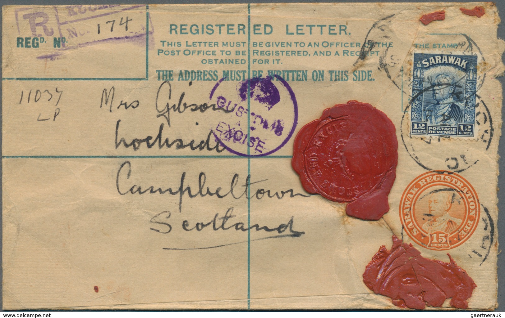 Malaiische Staaten - Sarawak: 1937, 15 C Orange Registered Pse Uprated With 12 C Blue, Sent From KUC - Other & Unclassified