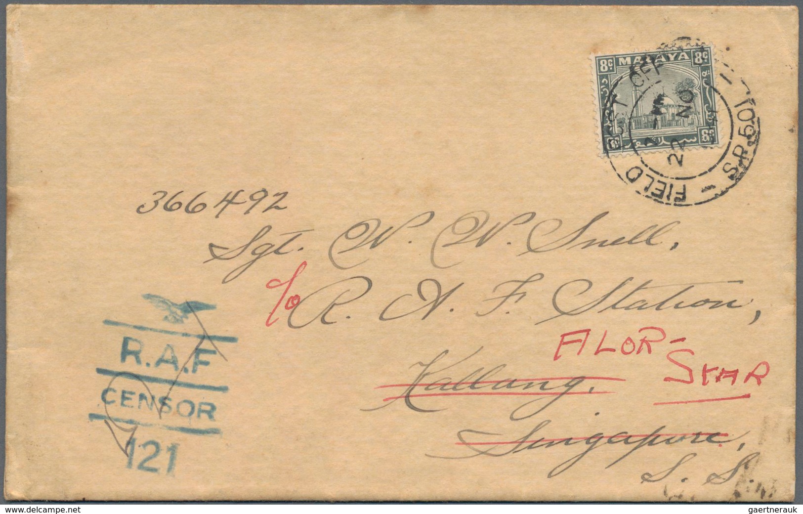 Malaiische Staaten - Selangor: 1941 R.A.F. Censored Cover To R.A.F. Station Kallang, Re-directed To - Selangor