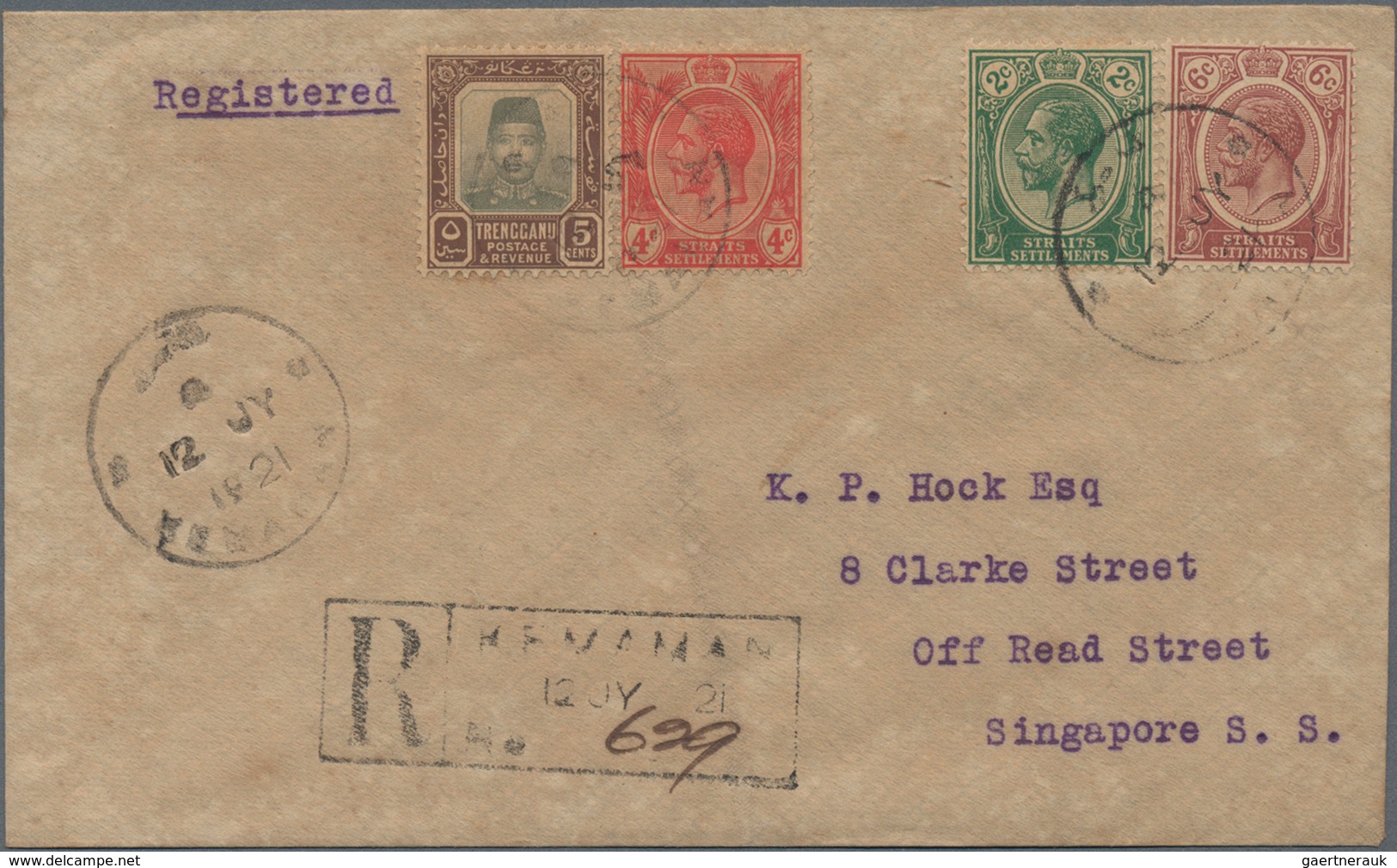 Malaiische Staaten - Trengganu: 1921 Registered Cover From Kemaman To Singapur Franked By Trengganu - Trengganu