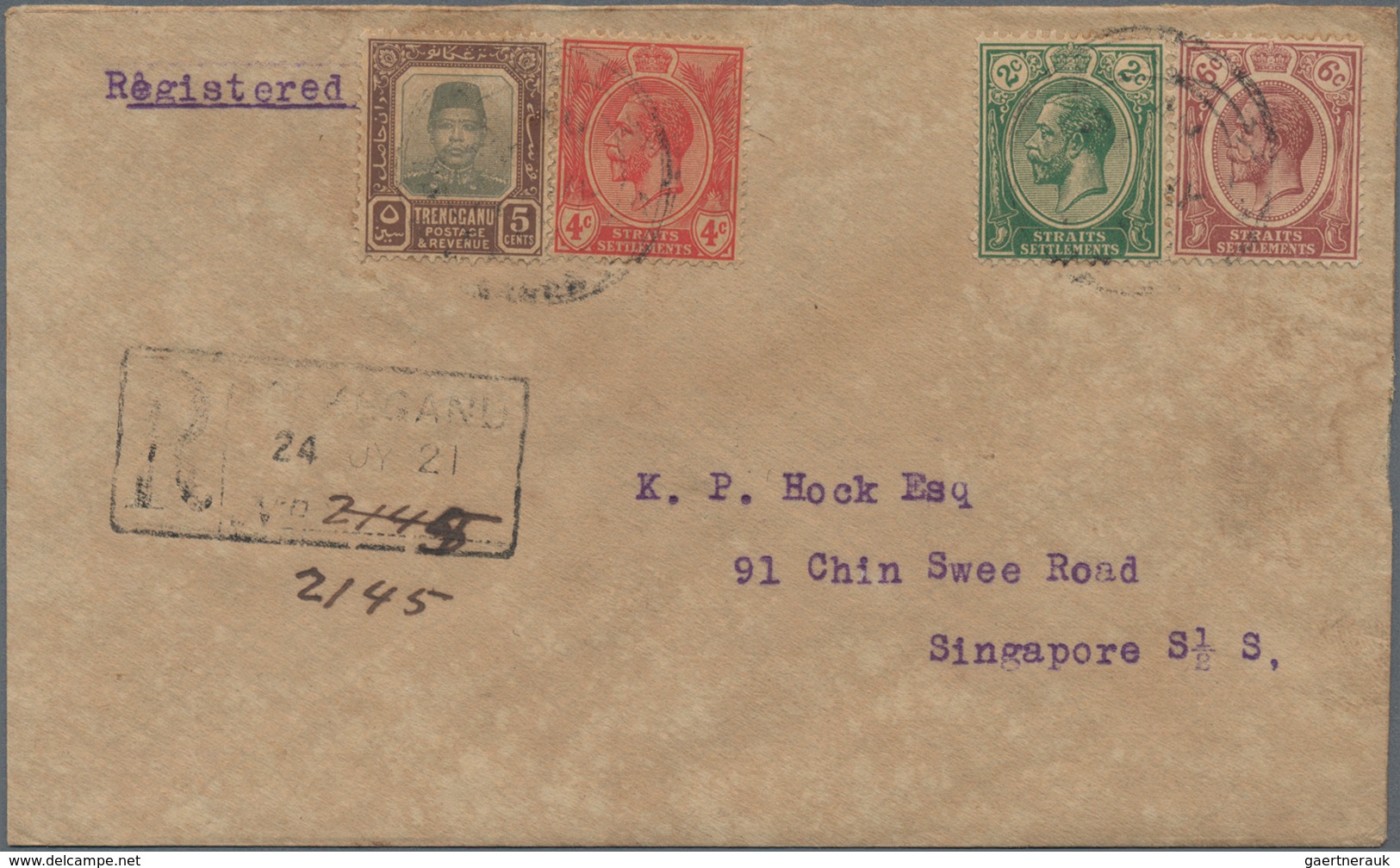 Malaiische Staaten - Trengganu: 1921 Registered Cover From Kuala Trengganu To Singapur Franked By Tr - Trengganu