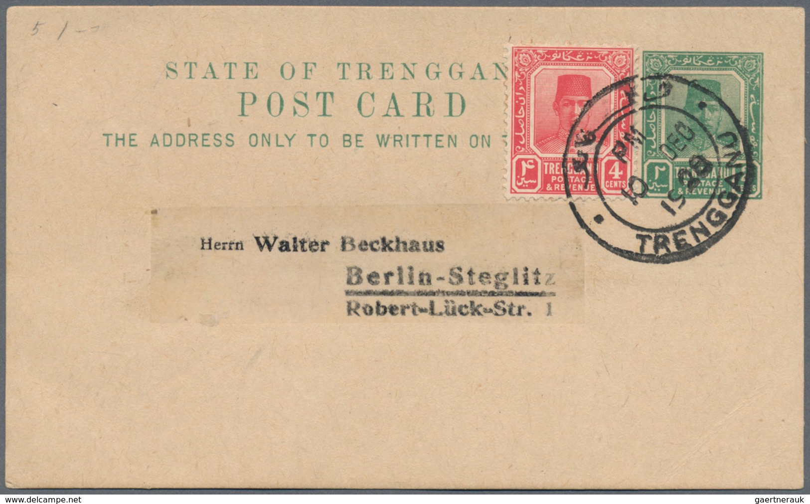 Malaiische Staaten - Trengganu: 1928: Postal Stationery Card 2c. Green, Uprated 4c. Red, Addressed T - Trengganu