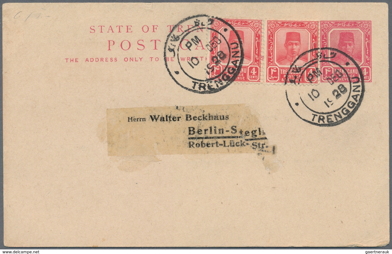 Malaiische Staaten - Trengganu: 1928: Postal Stationery Card 4c. Carmine, Uprated Two Similar 4c., A - Trengganu