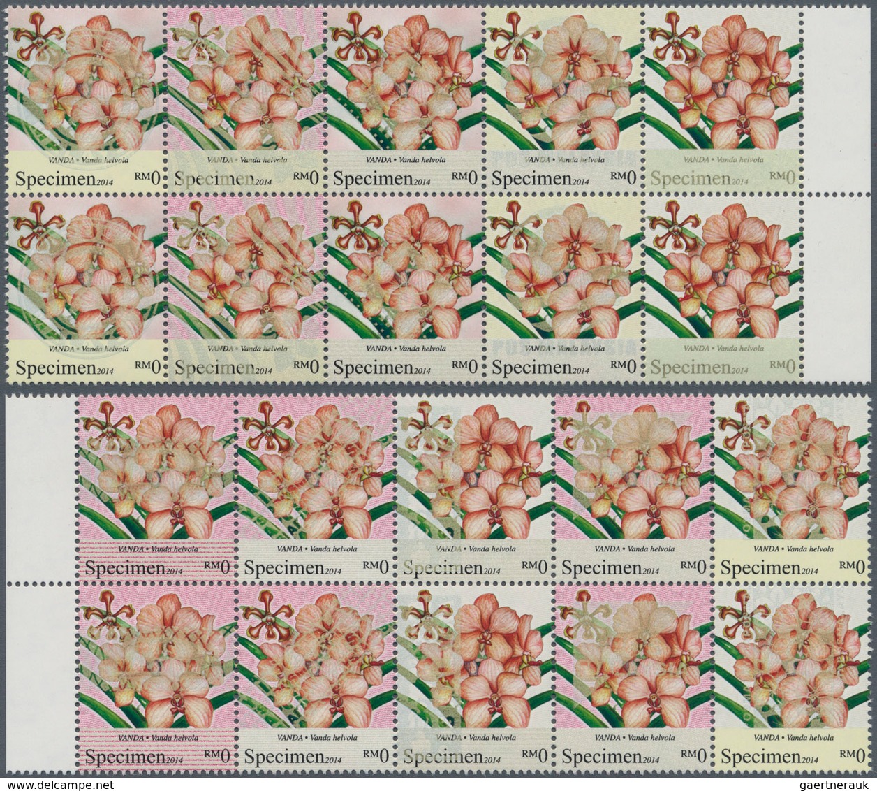 Malaysia: 2017 'Orchids': Set Of 20 "Specimen" Of The 80s. (Vanda Helvola) In Two Marginal Blocks Of - Maleisië (1964-...)