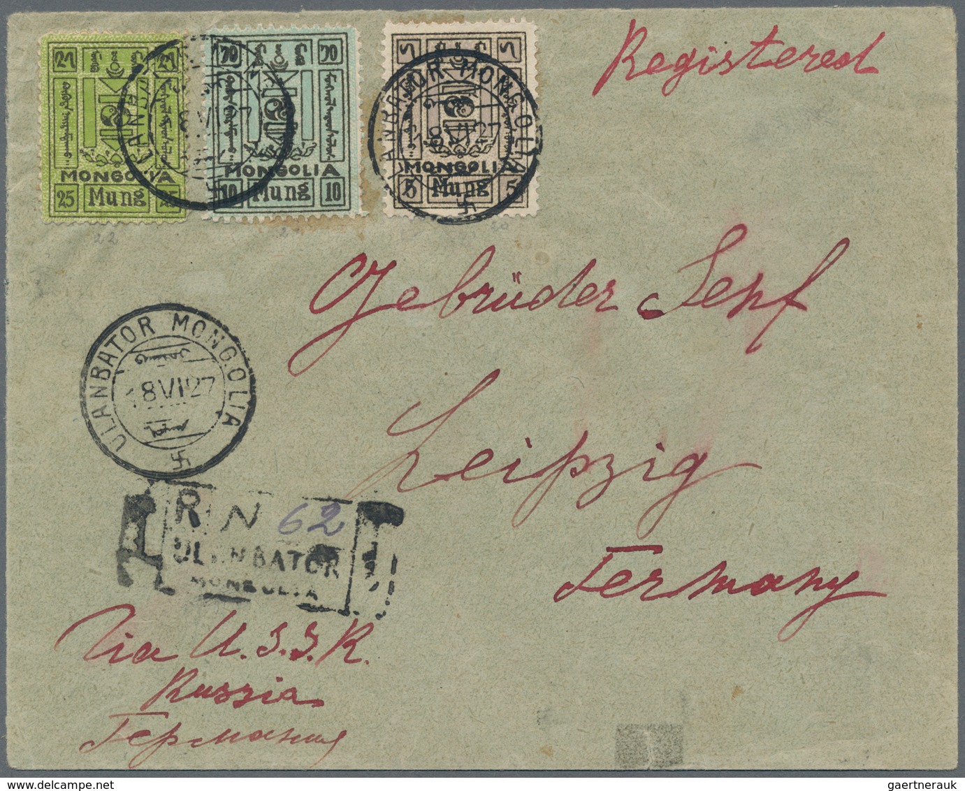 Mongolei: 1927, 5, 10 And 25 M. With On Reverse 1 M. (pair) And 2 M. (4, Two Pairs) Tied "ULAN BATOR - Mongolei