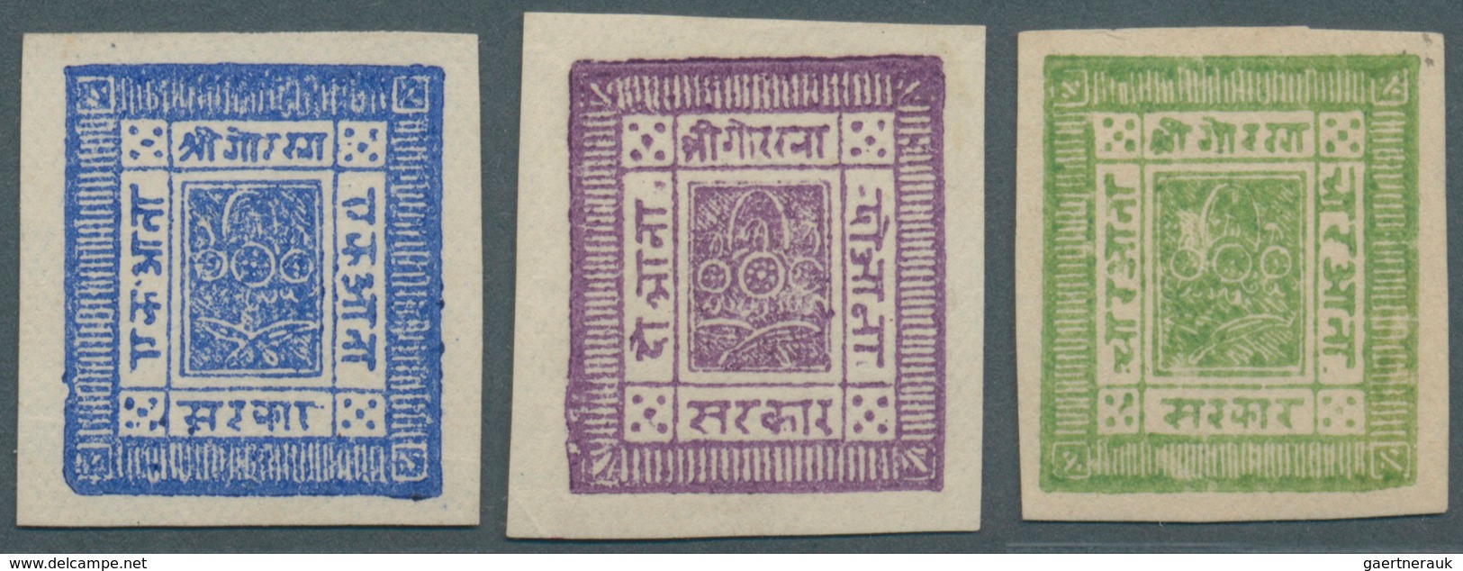 Nepal: 1881, First Issue, 1 A. Ultramarine, 2 A Bright-purple And 4 A Yellow-green On White Wove Eur - Nepal
