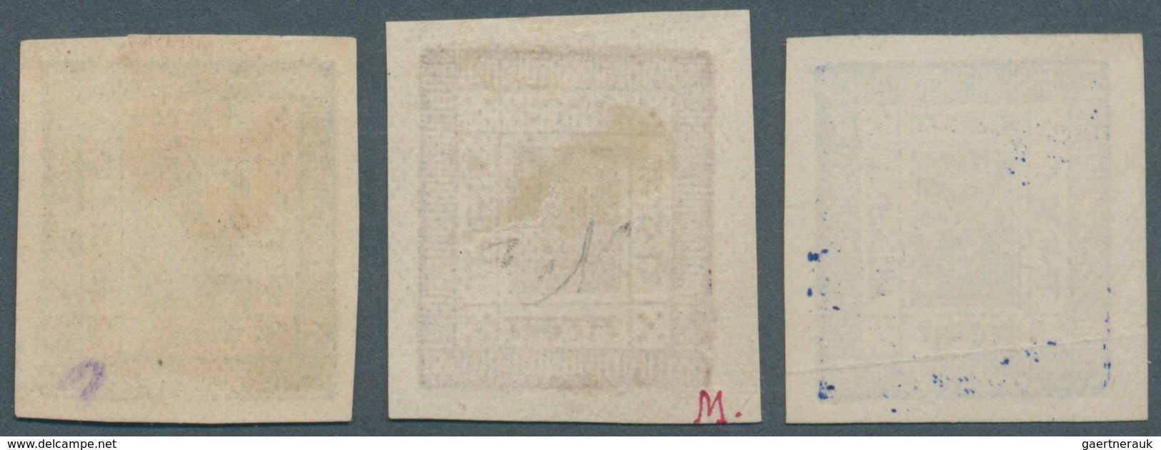 Nepal: 1881, First Issue, 1 A. Ultramarine, 2 A Bright-purple And 4 A Yellow-green On White Wove Eur - Nepal