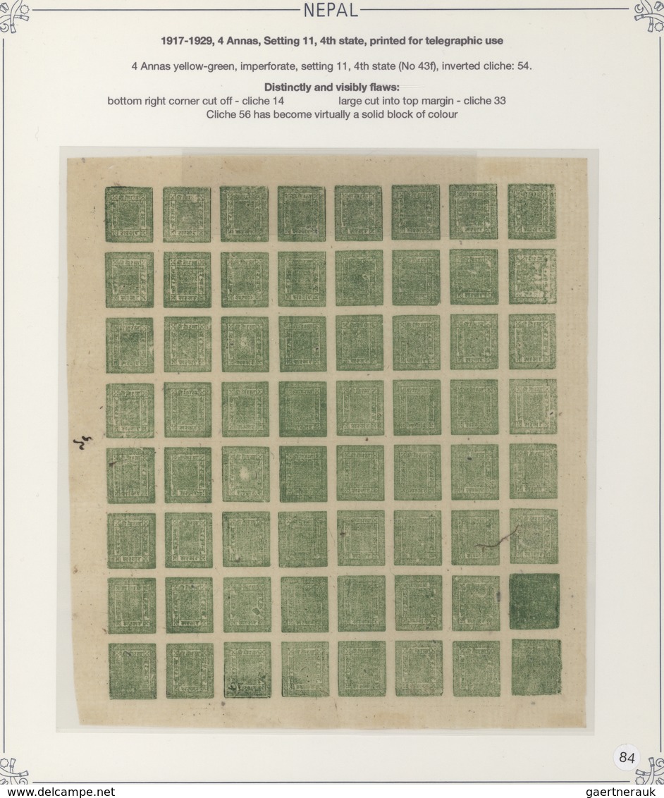 Nepal: 1917 4a. Yellow-green, 4th State Of Setting 11, Complete Sheet Of 64 With Inverted Cliche 54, - Nepal