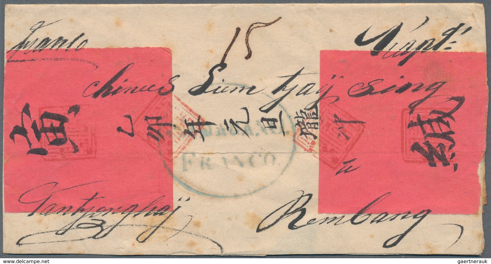 Niederländisch-Indien: 1855 Ca., Red Band Letter-sheet With Blue Oval SAMARANG/FRANCO Besides Manusc - Netherlands Indies