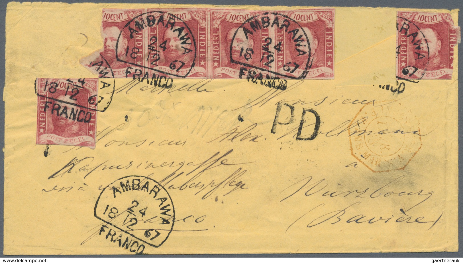 Niederländisch-Indien: 1864 KWIII. 10c. Strip Of Four Plus Two Singles Used On Cover From Ambarawa T - Netherlands Indies