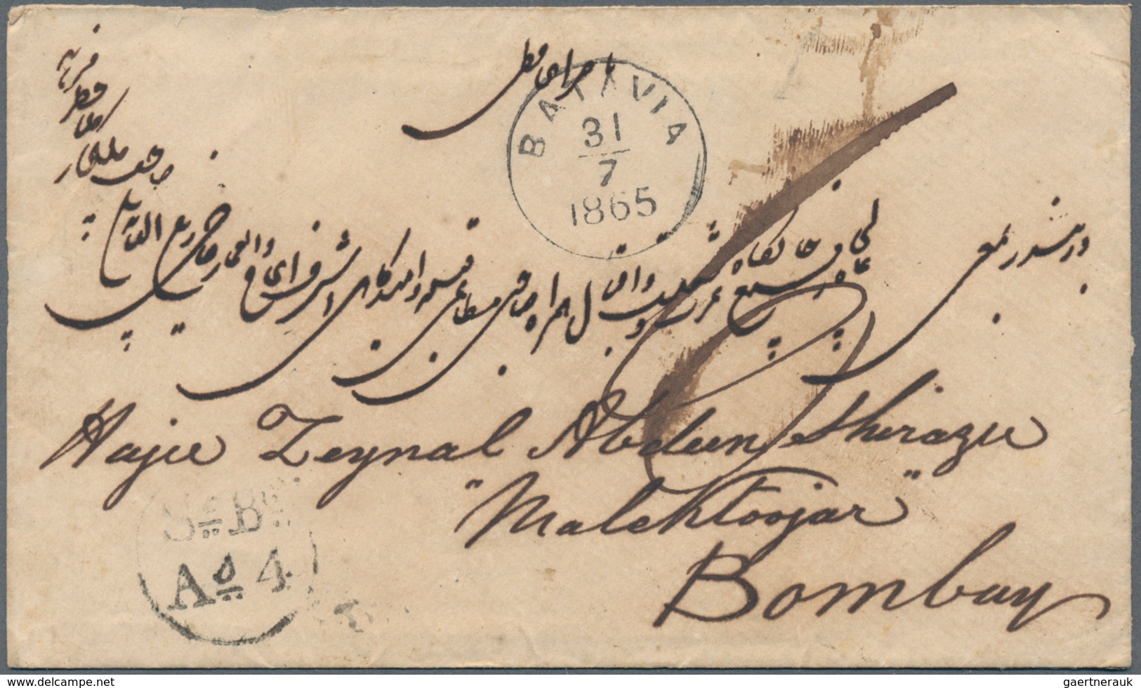 Niederländisch-Indien: 1865, Stampless Envelope From Batavia To Bombay In India, On The Frontside Bl - Nederlands-Indië