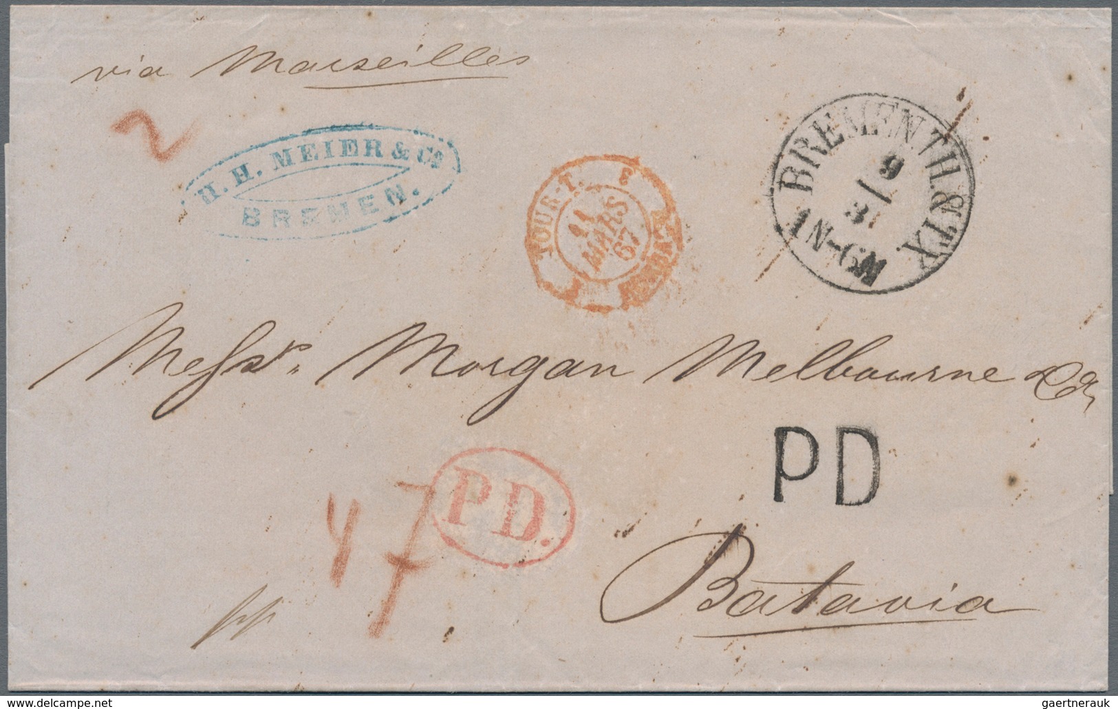 Niederländisch-Indien: 1867, Incomming Mail: Fresh Stampless Folded-envelope With Taxation "47" And - Nederlands-Indië