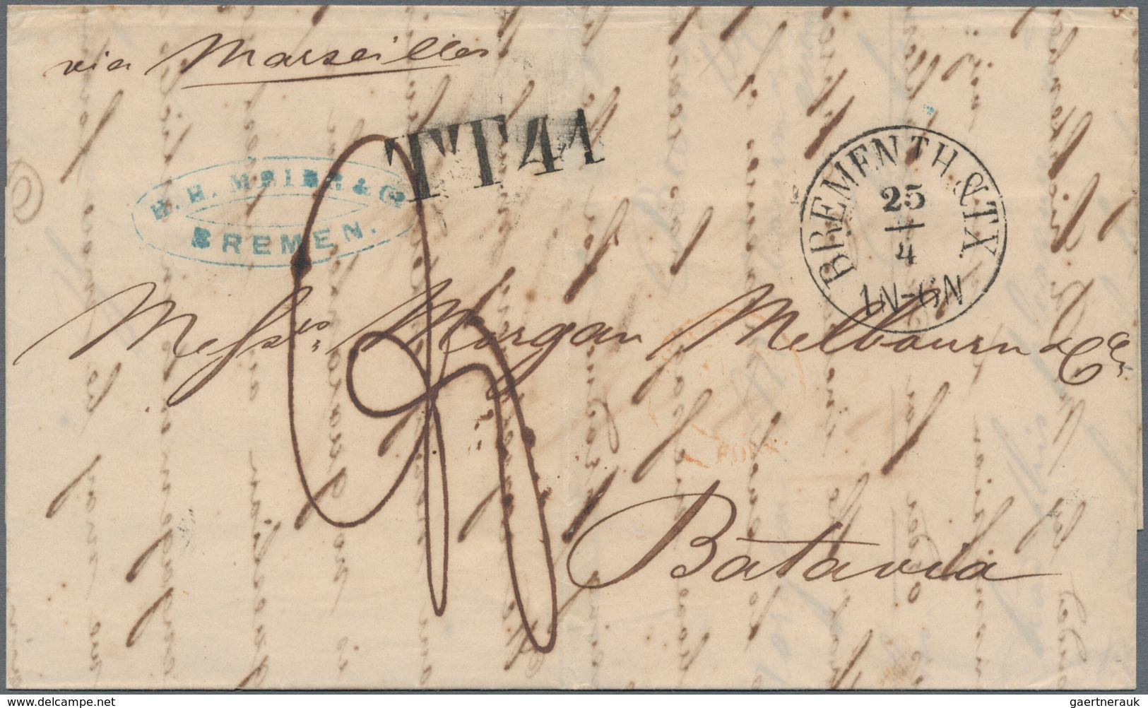 Niederländisch-Indien: 1867, Incomming Mail: Full Paid Fresh Stampless Folded Entire Letter With Tax - Nederlands-Indië