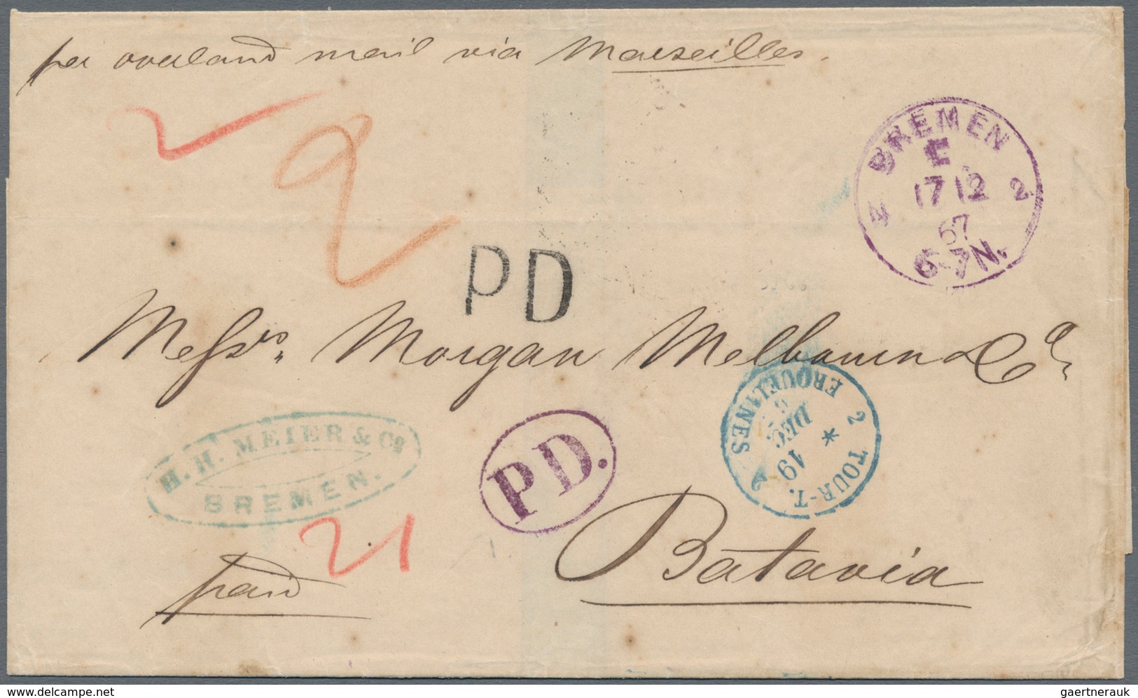 Niederländisch-Indien: 1867, Incomming Mail: Full Paid Fresh Stampless Folded Entire Letter Taxed "2 - Nederlands-Indië