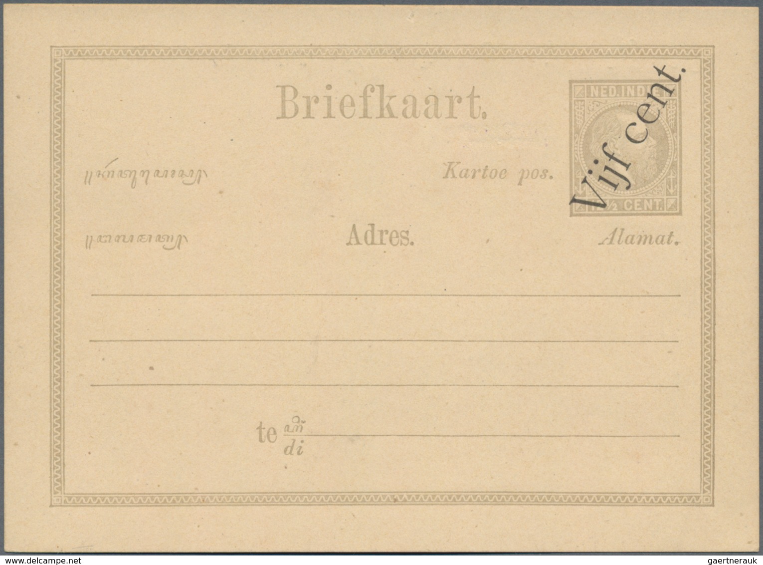 Niederländisch-Indien: 1878 (ca.), Moquette Surcharges: "Vijf Cent" In Black, SW To NE On Stationery - Niederländisch-Indien