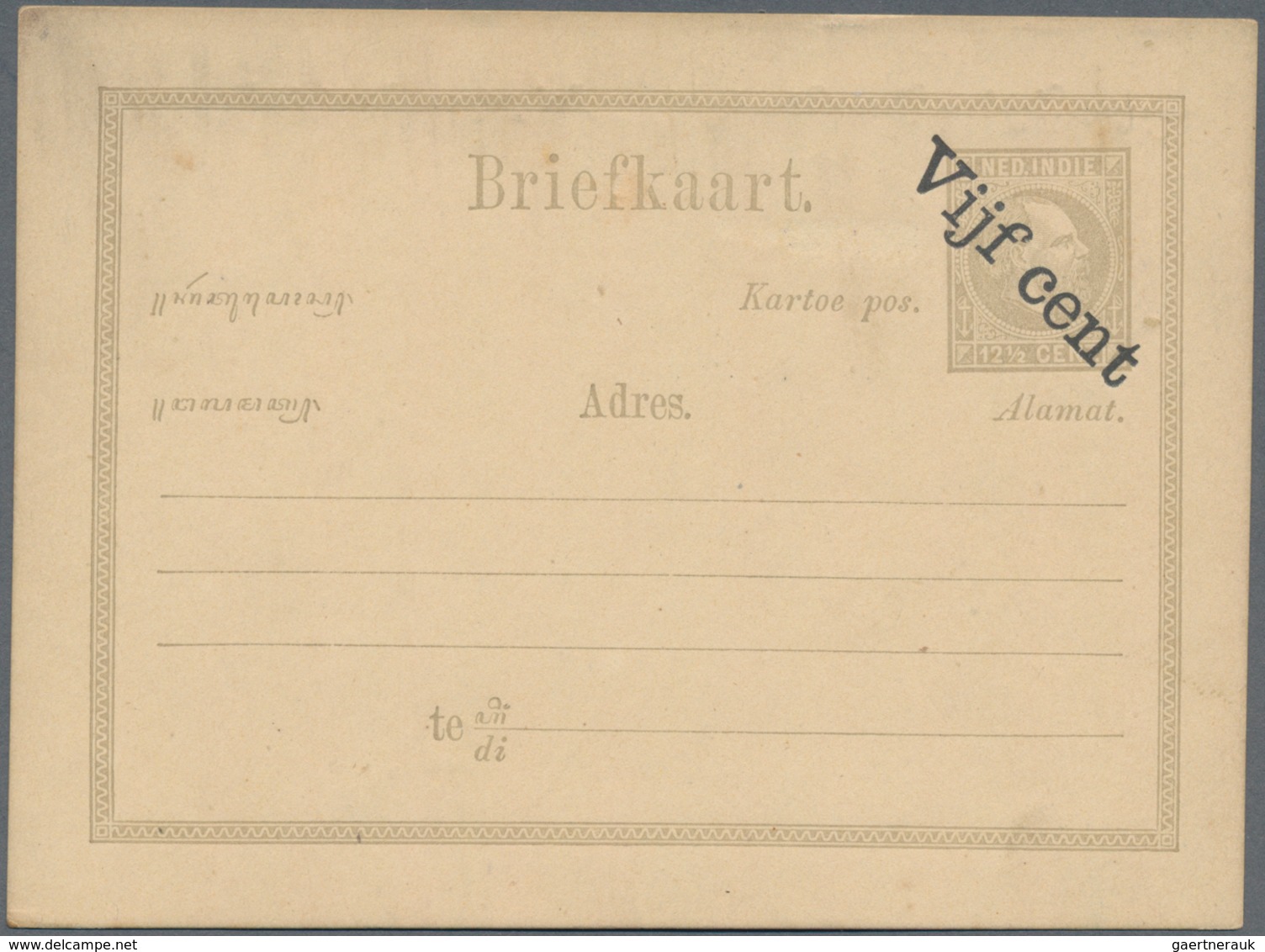 Niederländisch-Indien: 1878 (ca.), Moquette Surcharges: "Vijf Cent" In Black, Bold Type NW To SE On - Niederländisch-Indien