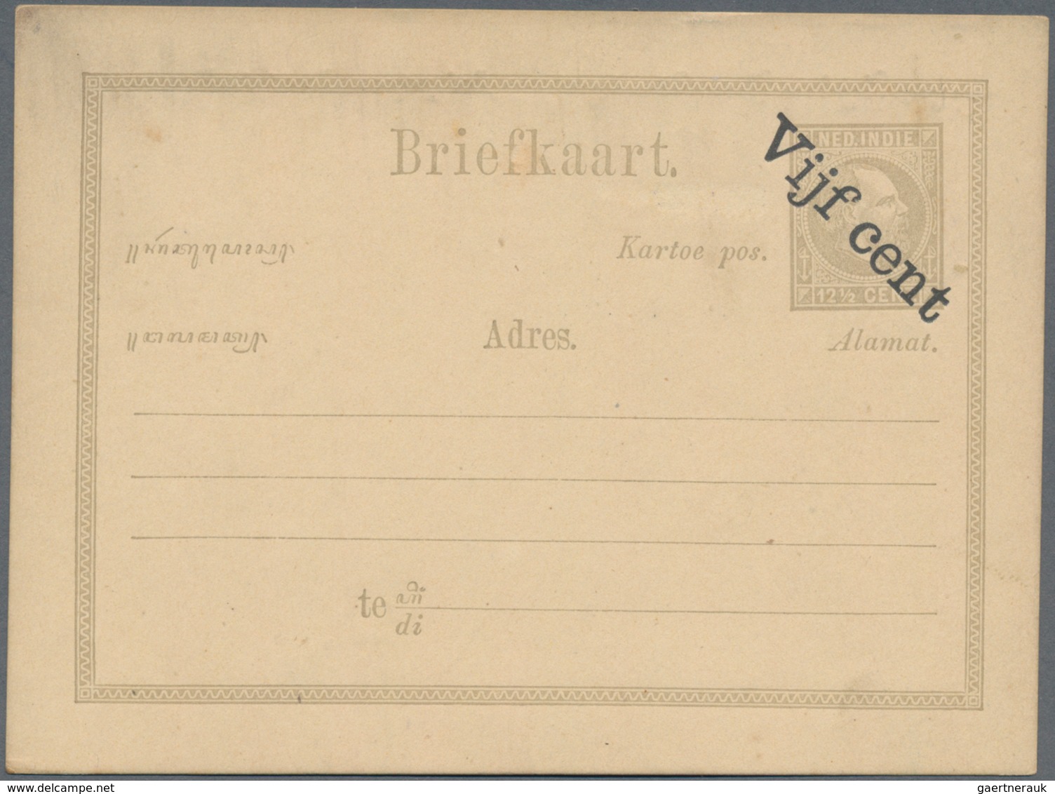 Niederländisch-Indien: 1878 (ca.), Moquette Surcharges: "Vijf Cent" In Black, Bold Type NW To SE On - Netherlands Indies