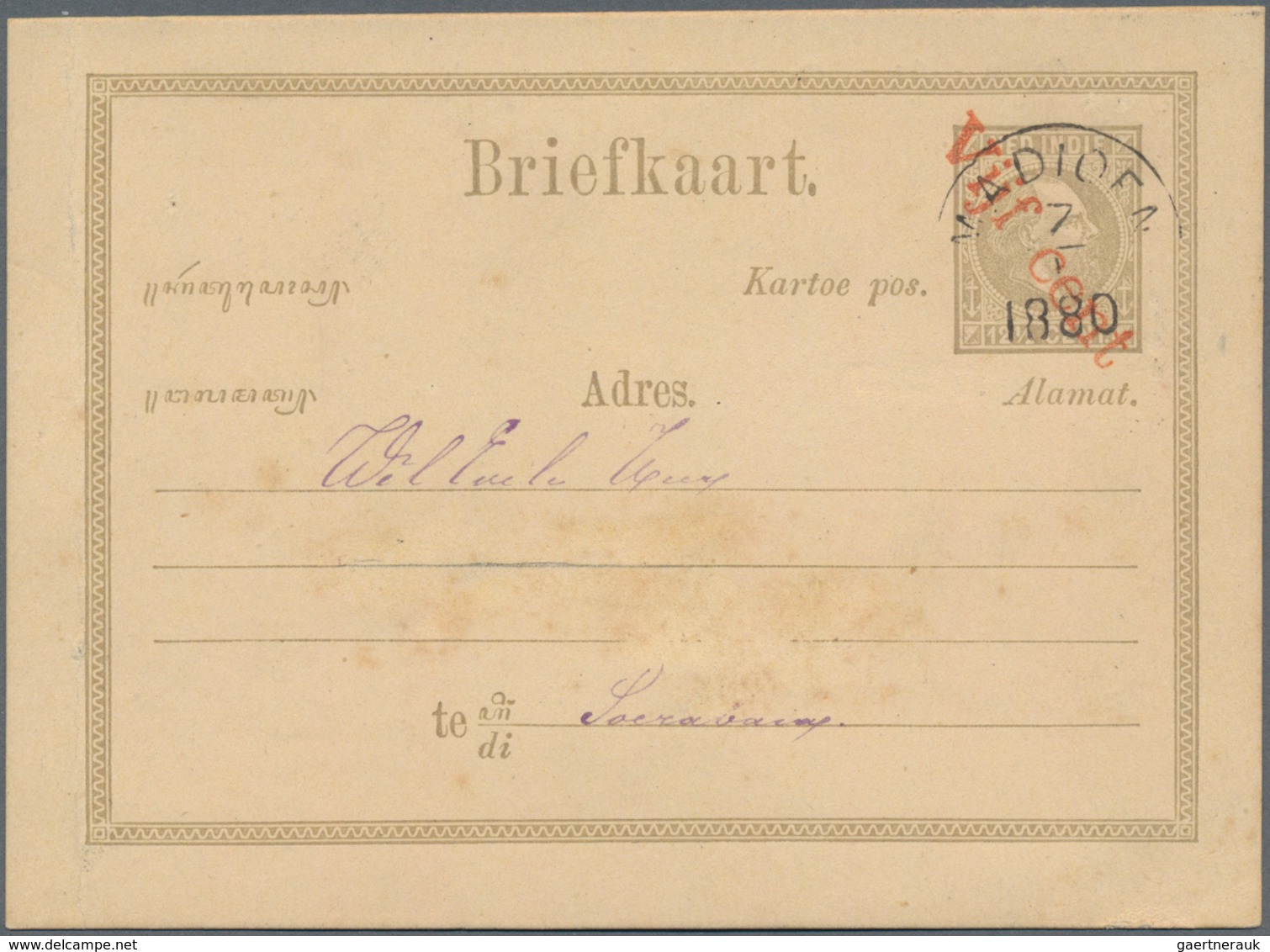 Niederländisch-Indien: 1878 (ca.), Moquette Surcharges: "Vijf Cent" In Red On Stationery Card Willem - Netherlands Indies