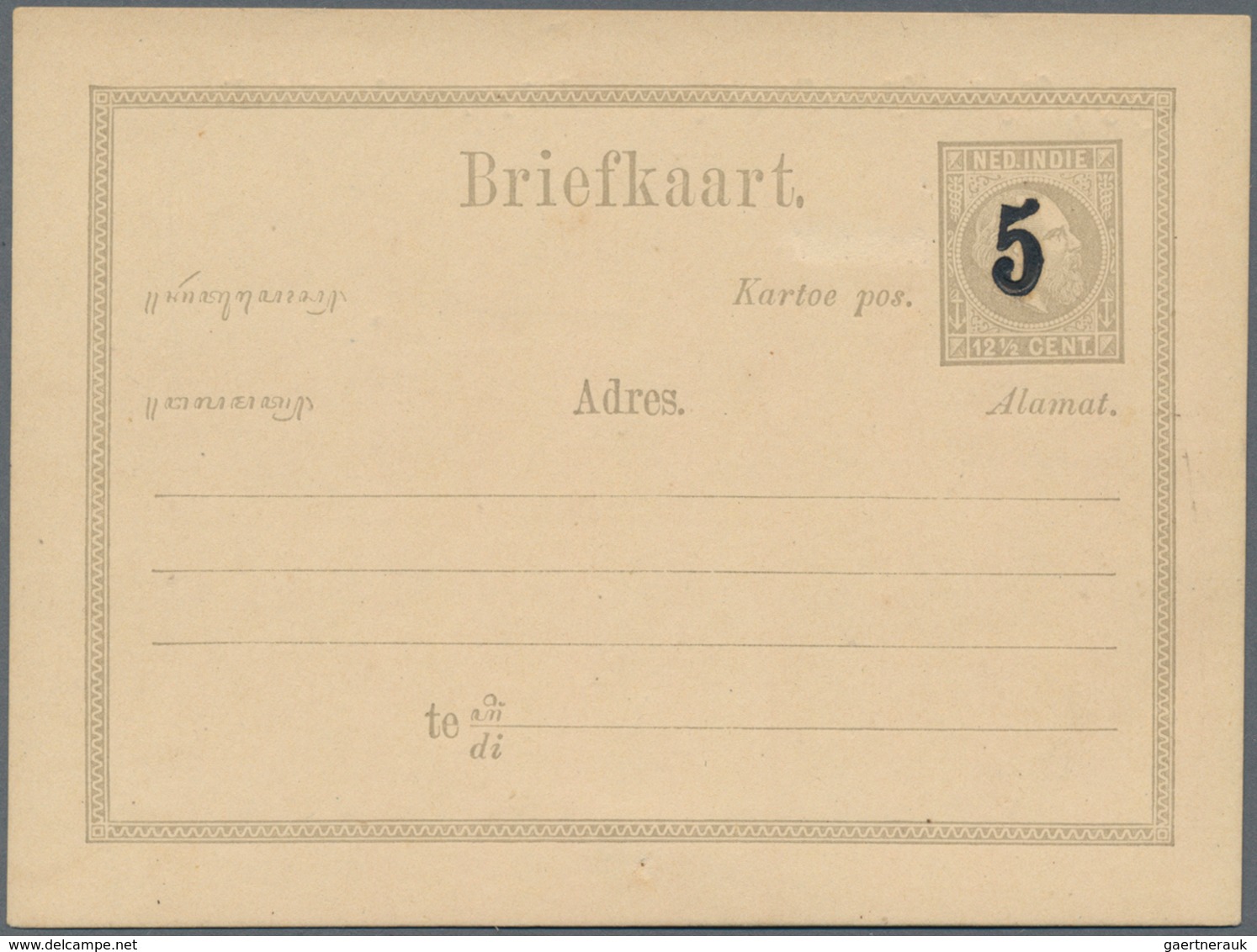Niederländisch-Indien: 1879 (ca.), Bold Black "5" Surcharge On Card Willem 12 1/2 C. Grey, Probably - Niederländisch-Indien