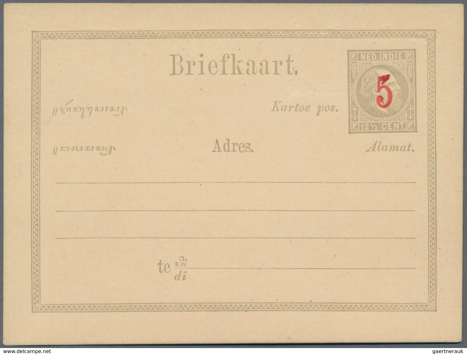 Niederländisch-Indien: 1879 (ca.), Vermillion "5" Surcharge On Card Willem 12 1/2 C. Grey, Probably - Nederlands-Indië