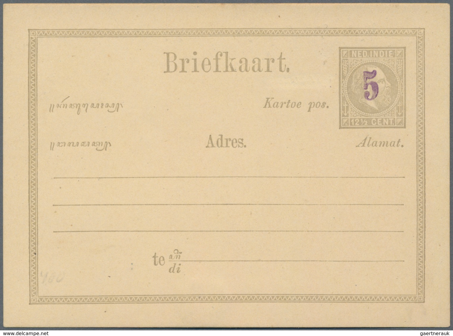 Niederländisch-Indien: 1879 (ca.), Blue "5" Surcharge On Card Willem 12 1/2 C. Grey, Probably Moquet - Nederlands-Indië