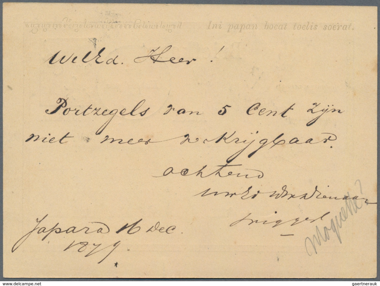 Niederländisch-Indien: 1879, Blue Ovpt. "Vijf Cent" On Card Willem 12 1/12 C. Canc. "JAPARA 17/12 18 - Nederlands-Indië