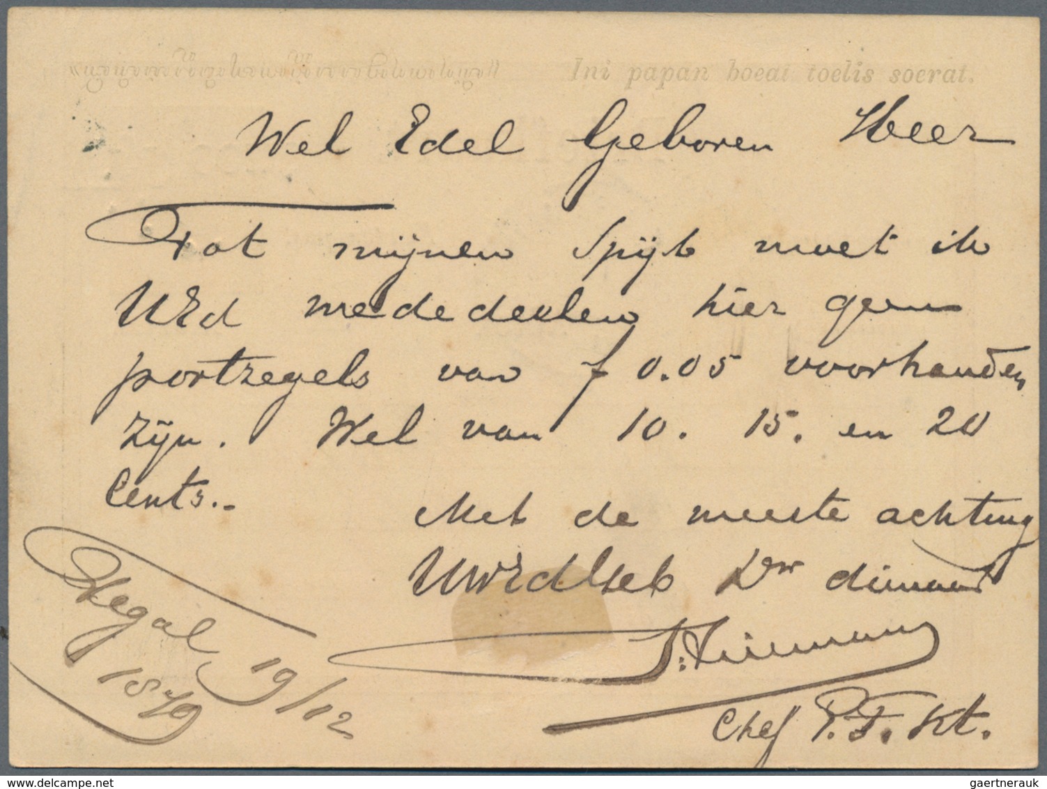 Niederländisch-Indien: 1879, Blue Ovpt. "Vijf Cent" On Card Willem 12 1/12 C. Canc. Indistinct Numer - Niederländisch-Indien