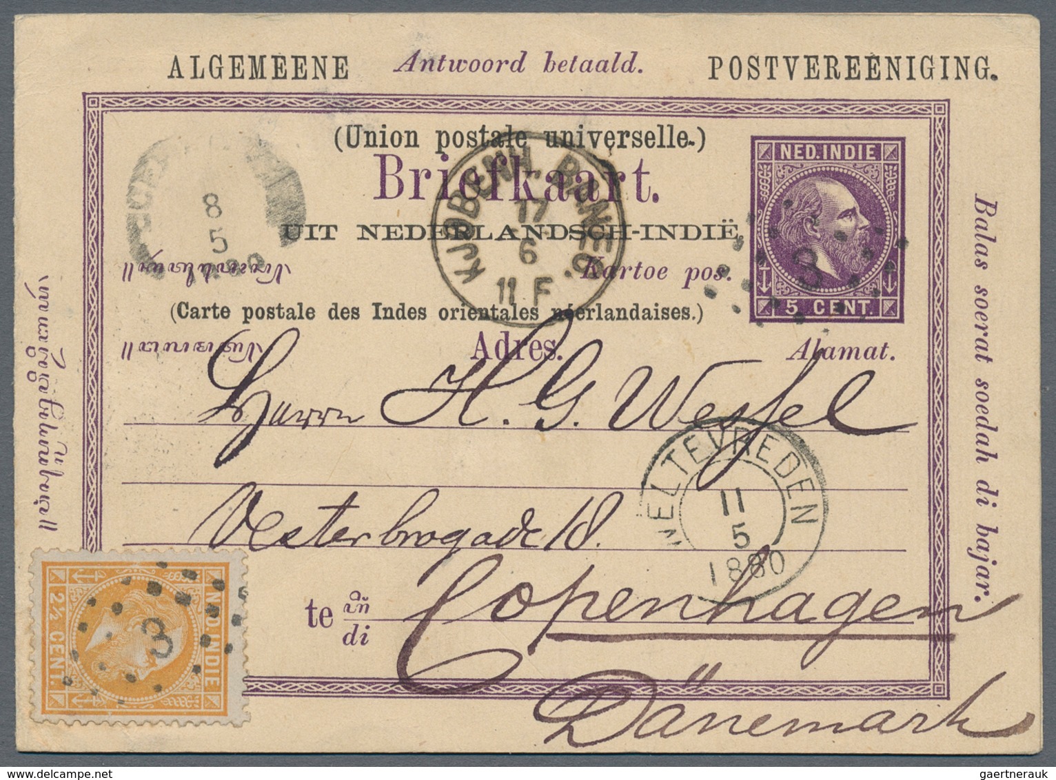 Niederländisch-Indien: 1880, Stationery UPU Double Card Willem 5 C. +5 C. Violet Uprated Willem 2 1/ - Niederländisch-Indien