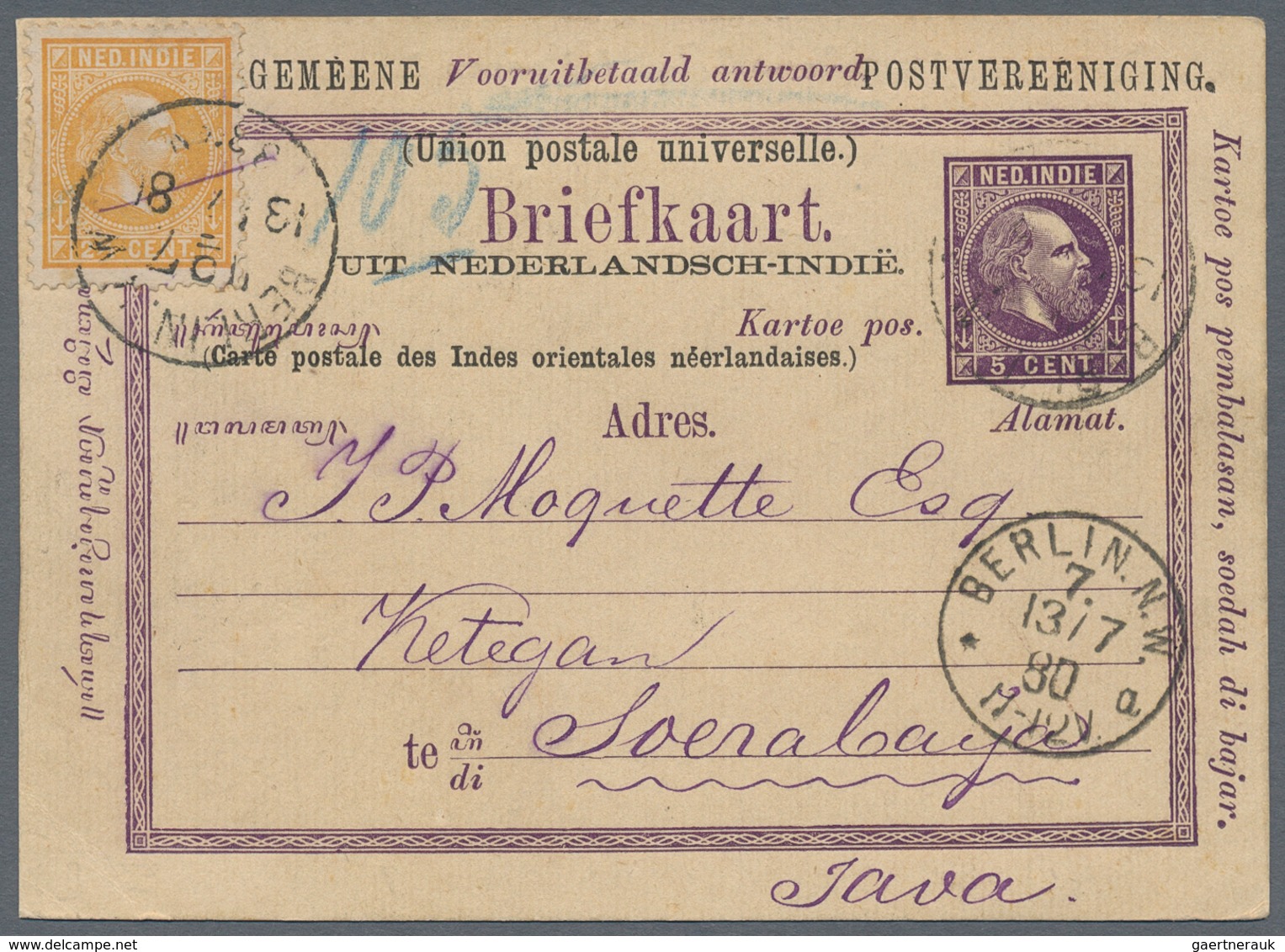 Niederländisch-Indien: 1880, Reply Part Used From Berlin: Stationery UPU Reply Card 5 C. Violet Upra - Nederlands-Indië