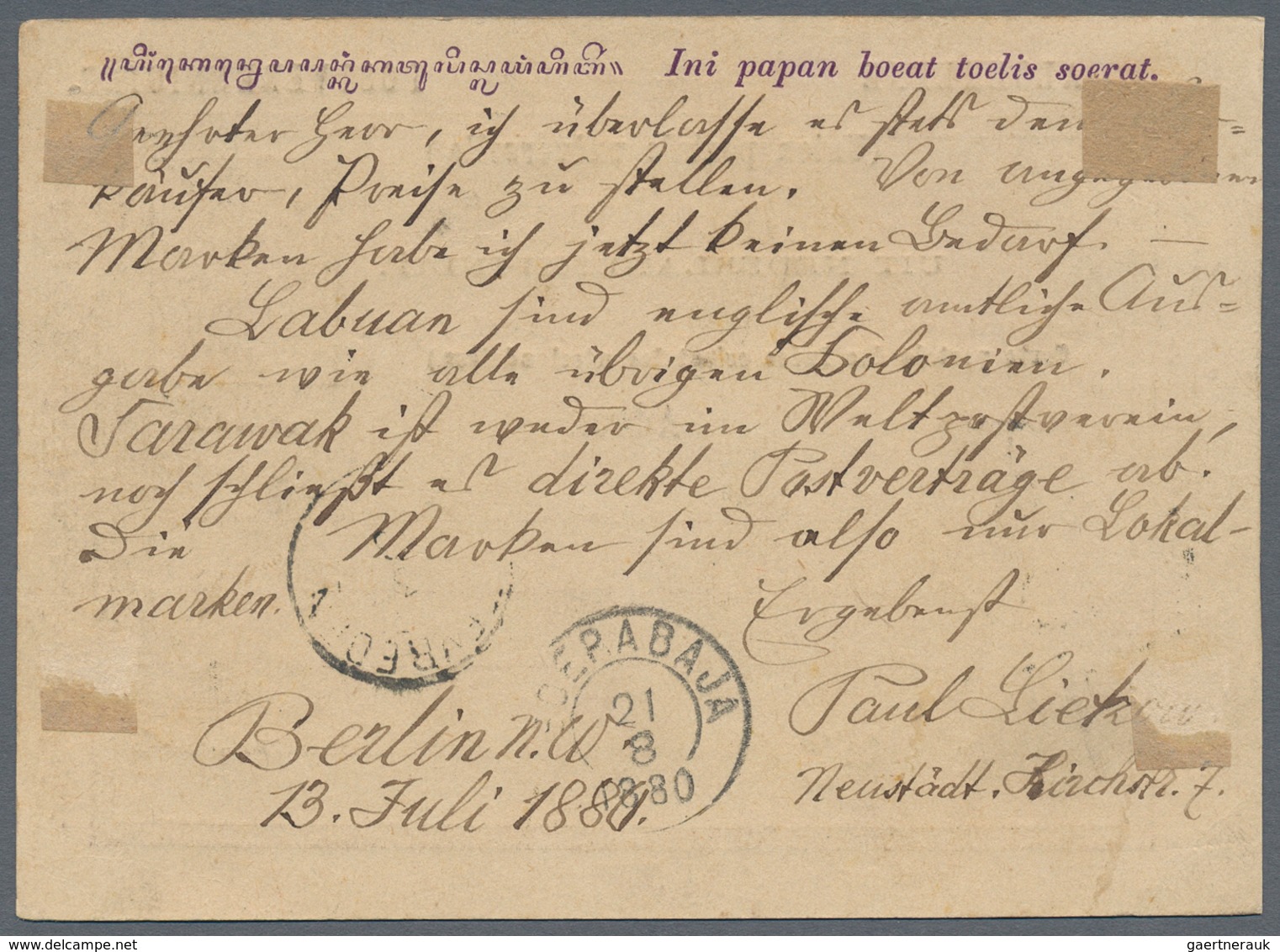 Niederländisch-Indien: 1880, Reply Part Used From Berlin: Stationery UPU Reply Card 5 C. Violet Upra - Niederländisch-Indien