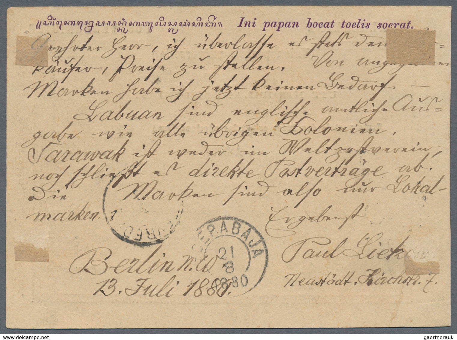 Niederländisch-Indien: 1880, Reply Part Used From Berlin: Stationery UPU Reply Card 5 C. Violet Upra - Netherlands Indies