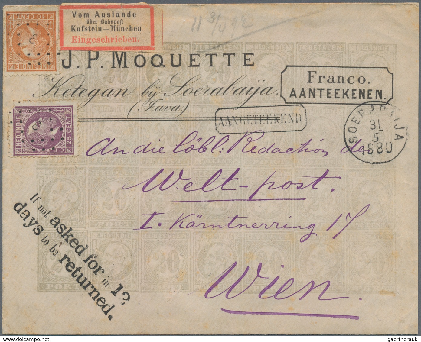 Niederländisch-Indien: 1880, Moquette Envelope With Fine Grey Pictorial Imprint Showing Stamps Wille - Niederländisch-Indien