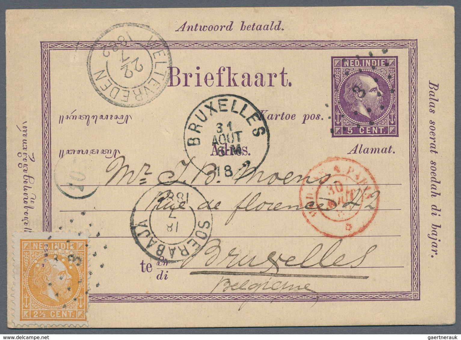 Niederländisch-Indien: 1882, Perfin Stamp Used: Stationery UPU Double Card Willem 5 C. +5 C. Violet - Netherlands Indies