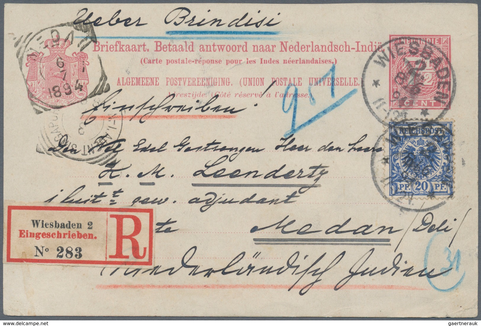 Niederländisch-Indien: 1888-91 Postal Stationery Reply Part Of 7½+7½ Double Card Used REGISTERED BAC - Niederländisch-Indien