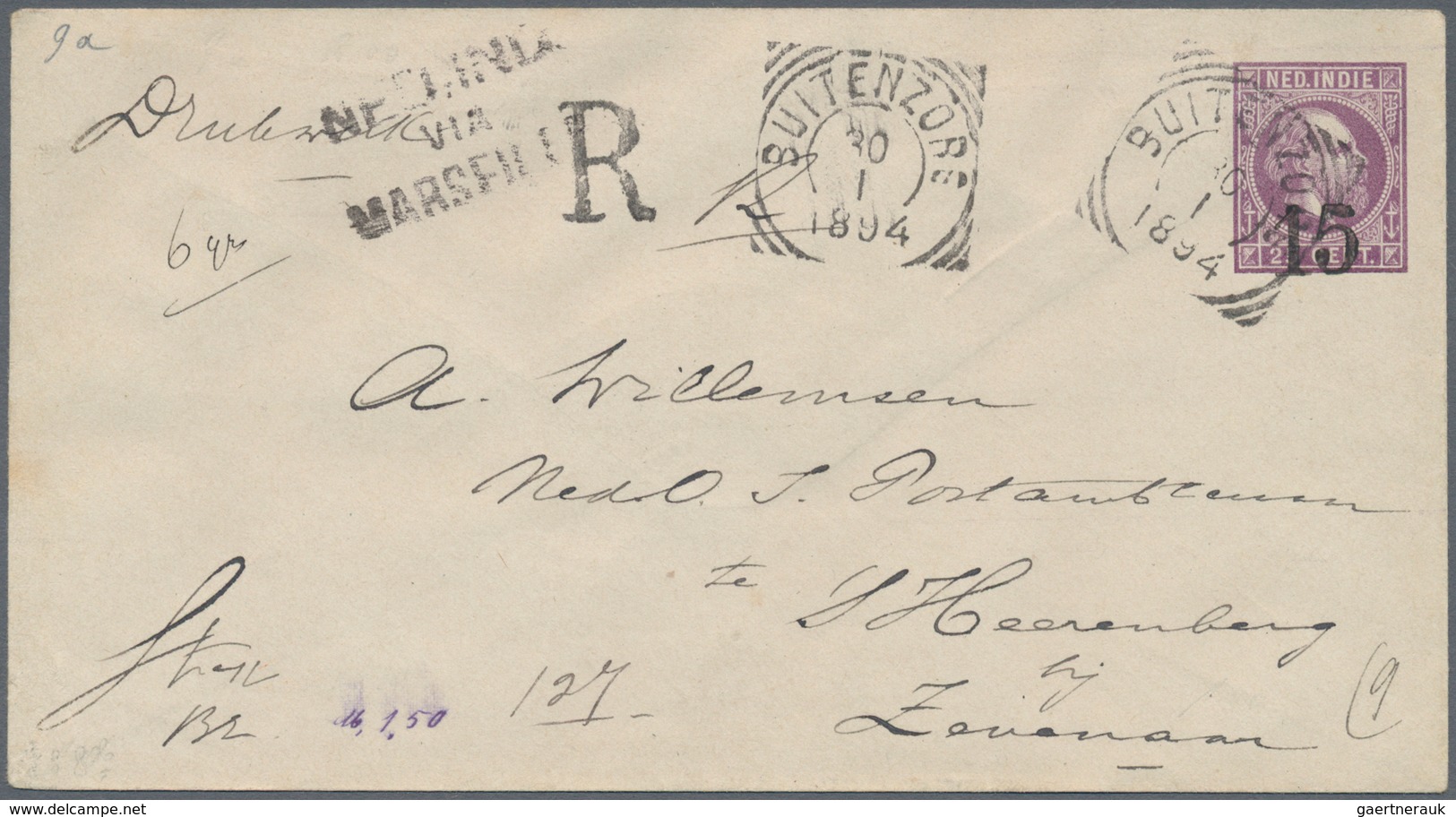 Niederländisch-Indien: 1894, Stationery Envelope 15 C./20 C. Violet Canc. "BUITENZORG 30 1 1894" Reg - Nederlands-Indië