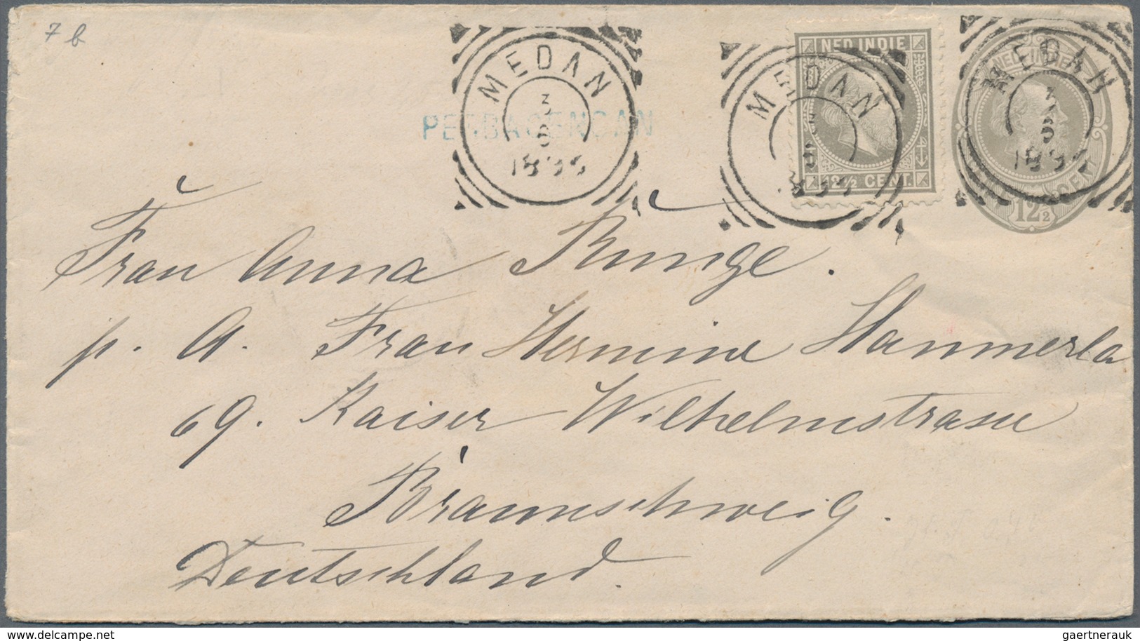 Niederländisch-Indien: 1896, Two Stationery Envelopes: Oval 12½ C Grey Uprated 12½ C And 15 C Occre - Netherlands Indies