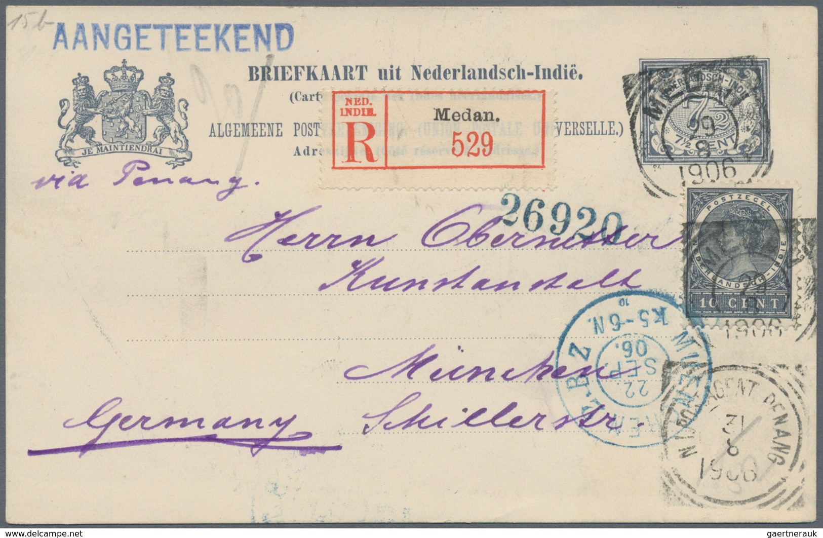 Niederländisch-Indien: 1906, Stationery Card 7 1/2 C. Grey Uprated 10 C. Grey Tied "MEDAN 29 8 1906" - Niederländisch-Indien