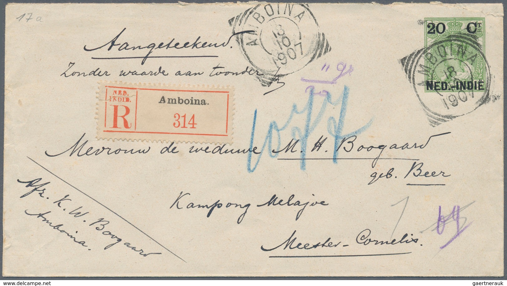 Niederländisch-Indien: 1906, Stationery Envelope 20 C. Canc. "AMBOINA 18 10 1907" Registered Inland - Netherlands Indies