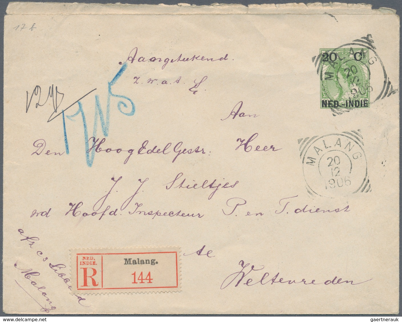 Niederländisch-Indien: 1906, Stationery Envelope 20 C. Canc. "MALANG 20 12 1906" Registered Inland T - Netherlands Indies