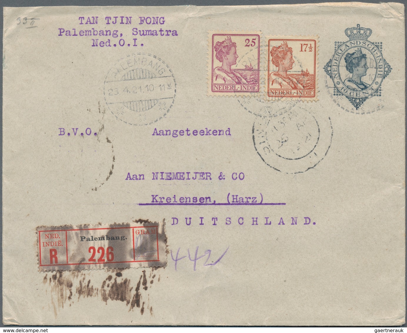 Niederländisch-Indien: 1921, Two Stationery Envelopes: Octagon 10 C Deep-gray Uprated 17½ C And 25 C - Indes Néerlandaises
