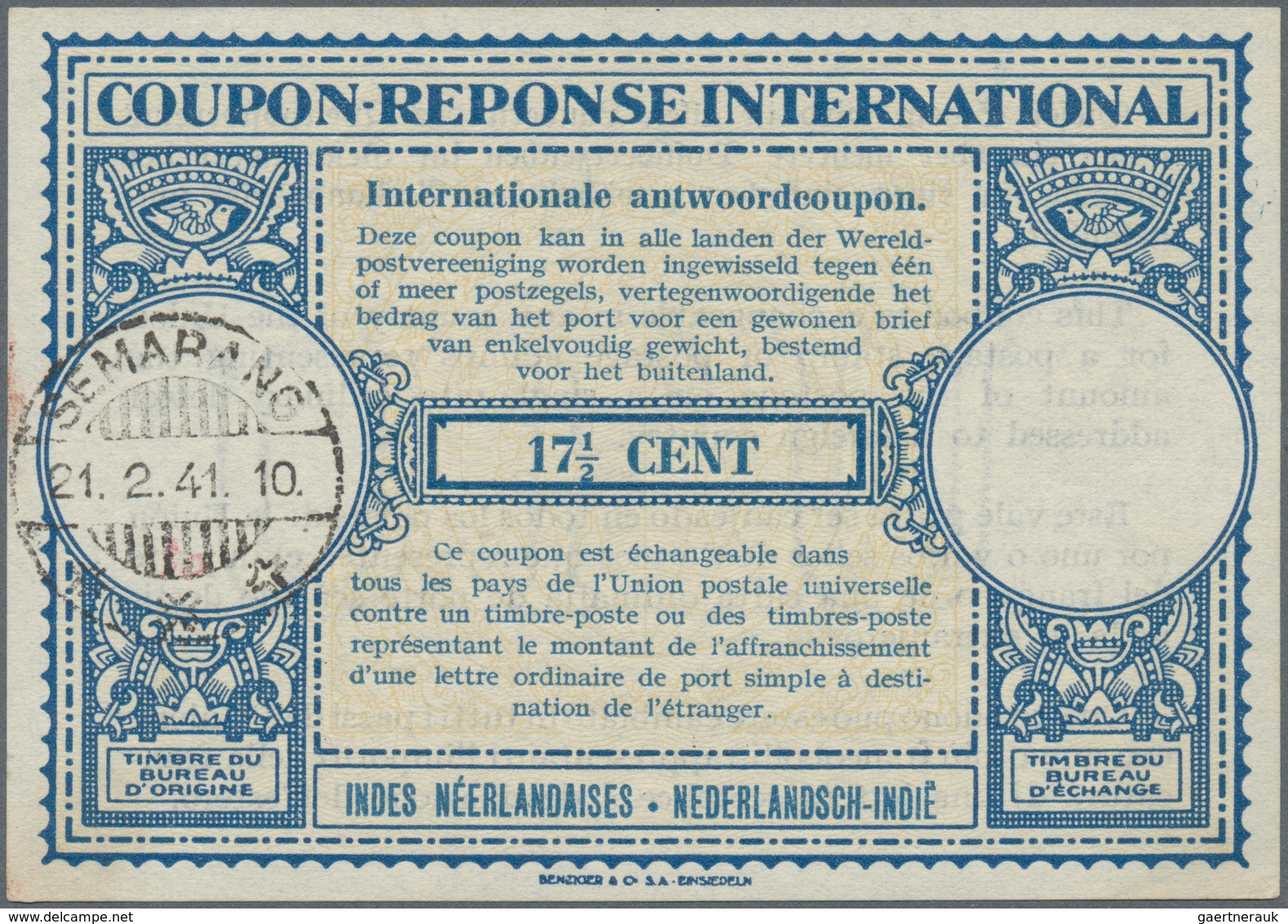 Niederländisch-Indien: 1940, International Reply Coupon IRC, 17 1/2 C. Canc. "SEMARANG 21.2.41". - Indes Néerlandaises