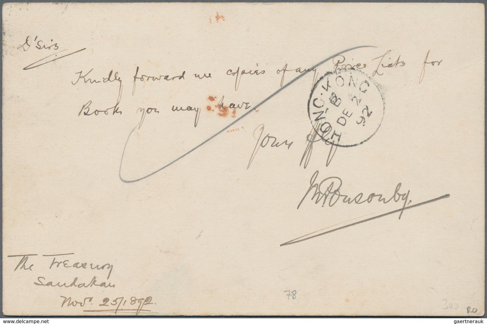 Nordborneo: 1892, Postal Stationery Card 3c. Used From Sandakan To Hongkong, Cancelled By "SANDAKAN/ - Noord Borneo (...-1963)