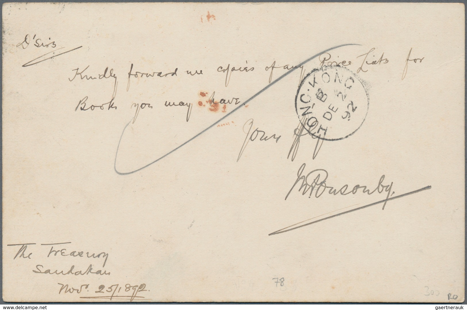 Nordborneo: 1892, Postal Stationery Card 3c. Used From Sandakan To Hongkong, Cancelled By "SANDAKAN/ - North Borneo (...-1963)