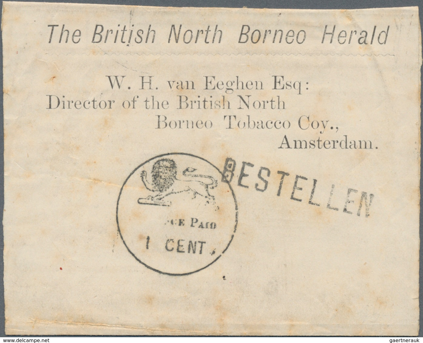 Nordborneo: 1892-99 'LION & "POSTAGE PAID/1 CENT."' C.d.s. In Black (Proud PD2) On Printed Wrapper F - Noord Borneo (...-1963)