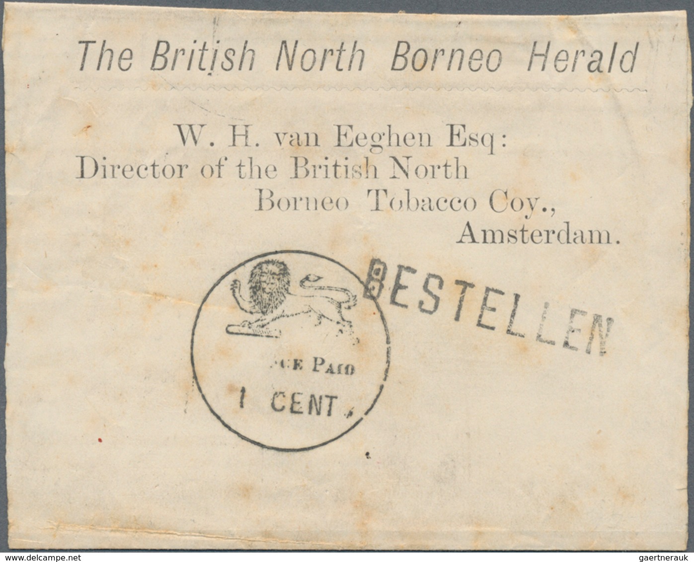 Nordborneo: 1892-99 'LION & "POSTAGE PAID/1 CENT."' C.d.s. In Black (Proud PD2) On Printed Wrapper F - North Borneo (...-1963)