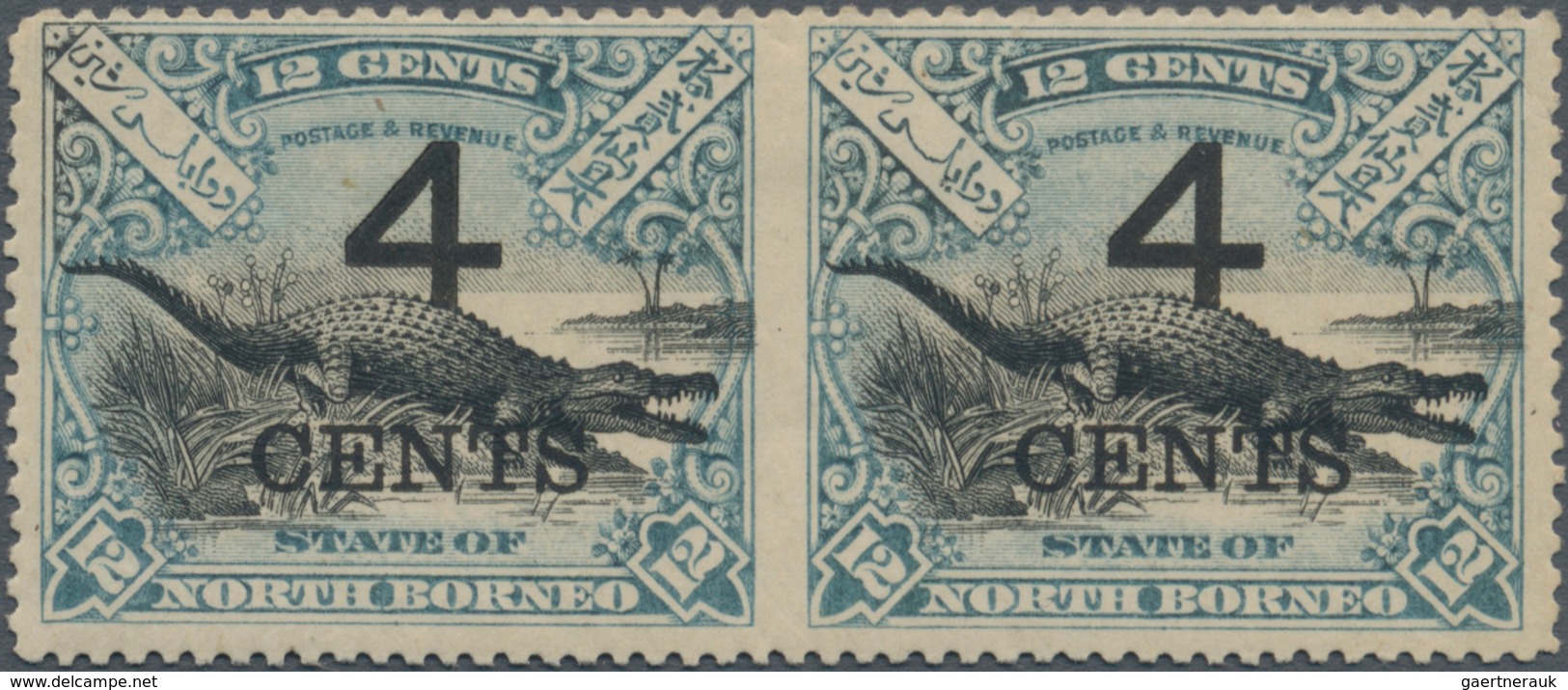 Nordborneo: 1899, Crocodile 4 CENTS Overprinted 12c. Black And Dull Blue Horizontal Pair Imperf Betw - Noord Borneo (...-1963)