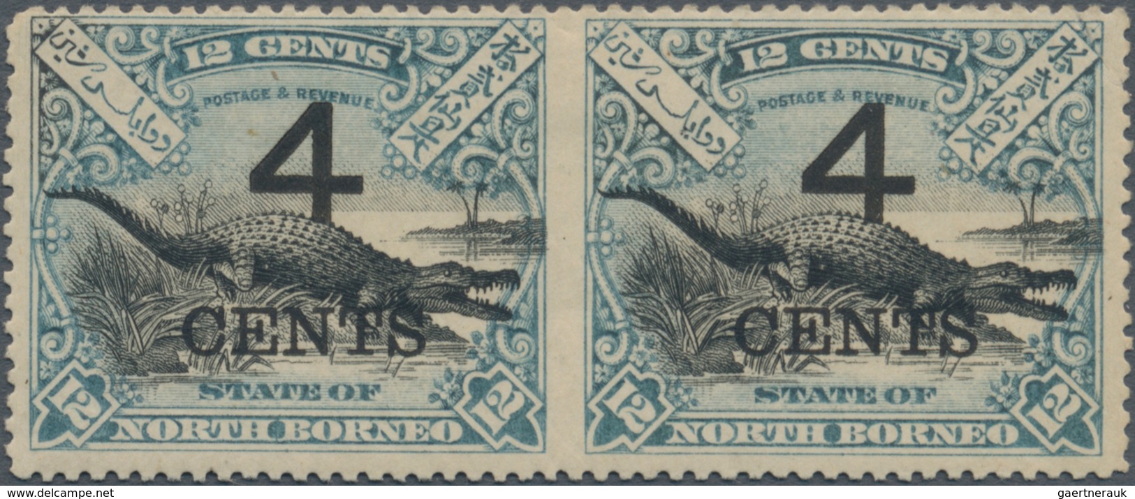 Nordborneo: 1899, Crocodile 4 CENTS Overprinted 12c. Black And Dull Blue Horizontal Pair Imperf Betw - North Borneo (...-1963)