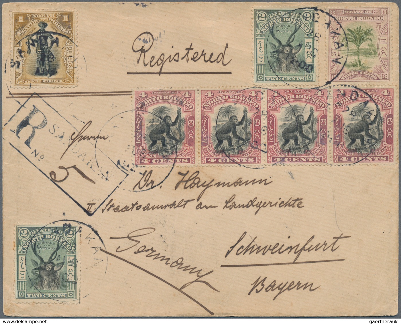 Nordborneo: 1900 Registered Cover From Sandakan To Schweinfurt, Germany Via Italian And German Railw - Noord Borneo (...-1963)