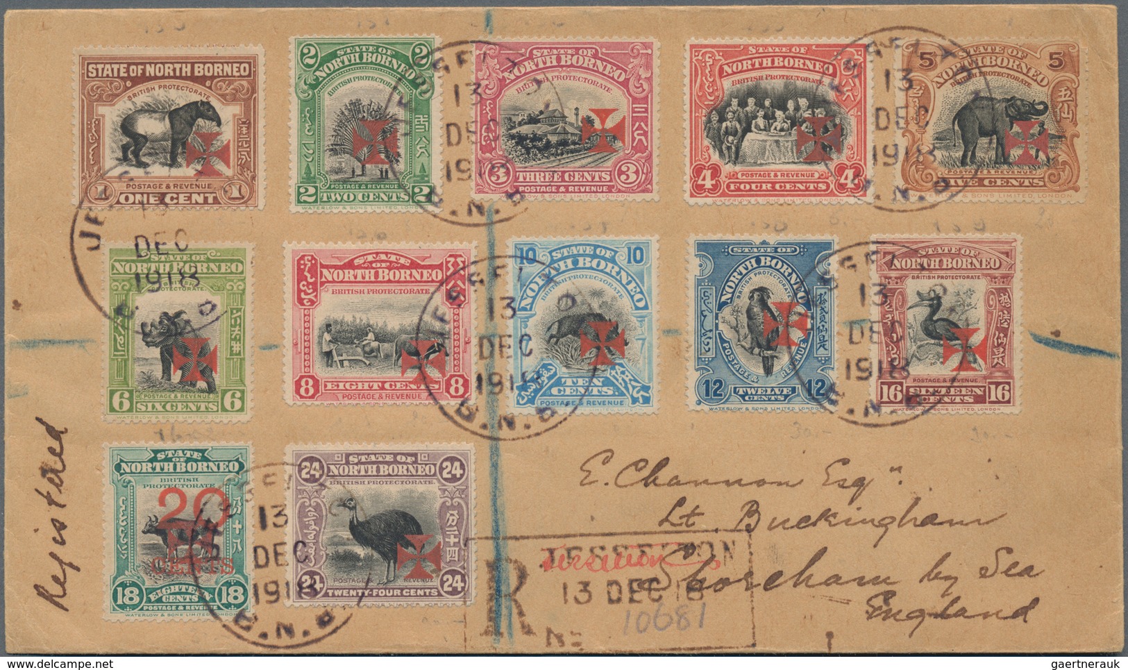 Nordborneo: 1916 Set Of 12 Up To 24c., All Optd. By Maltese Cross In Vermilion, With 2c. Perf 15, 4c - Noord Borneo (...-1963)