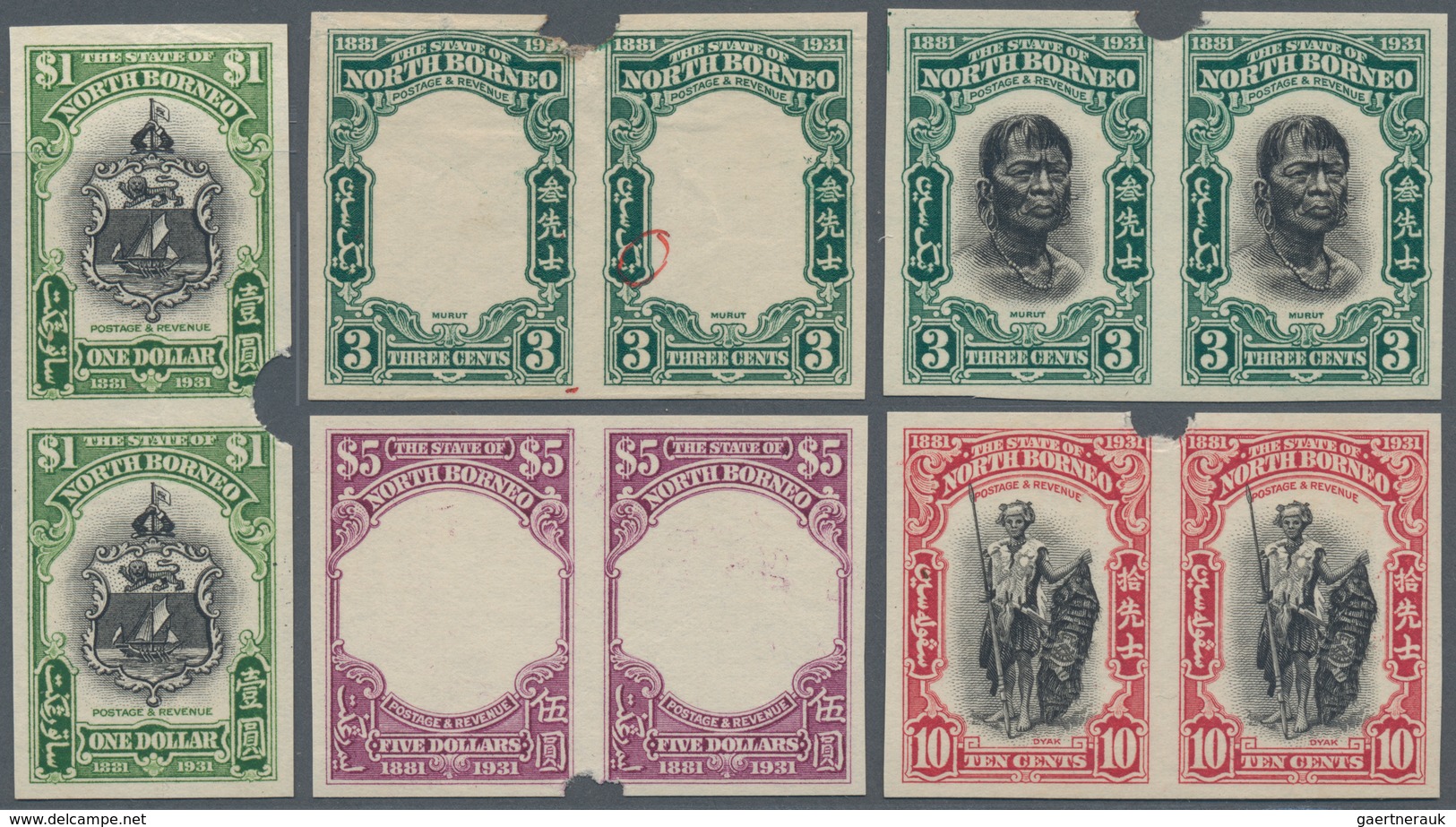 Nordborneo: 1931 Five Horizontal Pairs Of Imperf Plate Proofs, With 3c. (frame Only, With An Imperfe - North Borneo (...-1963)