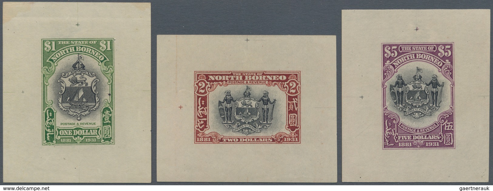 Nordborneo: 1931 'Arms' Dollar Values ($1, $2, $5) Each As Single Die Proof In Issued Colours, The $ - Nordborneo (...-1963)